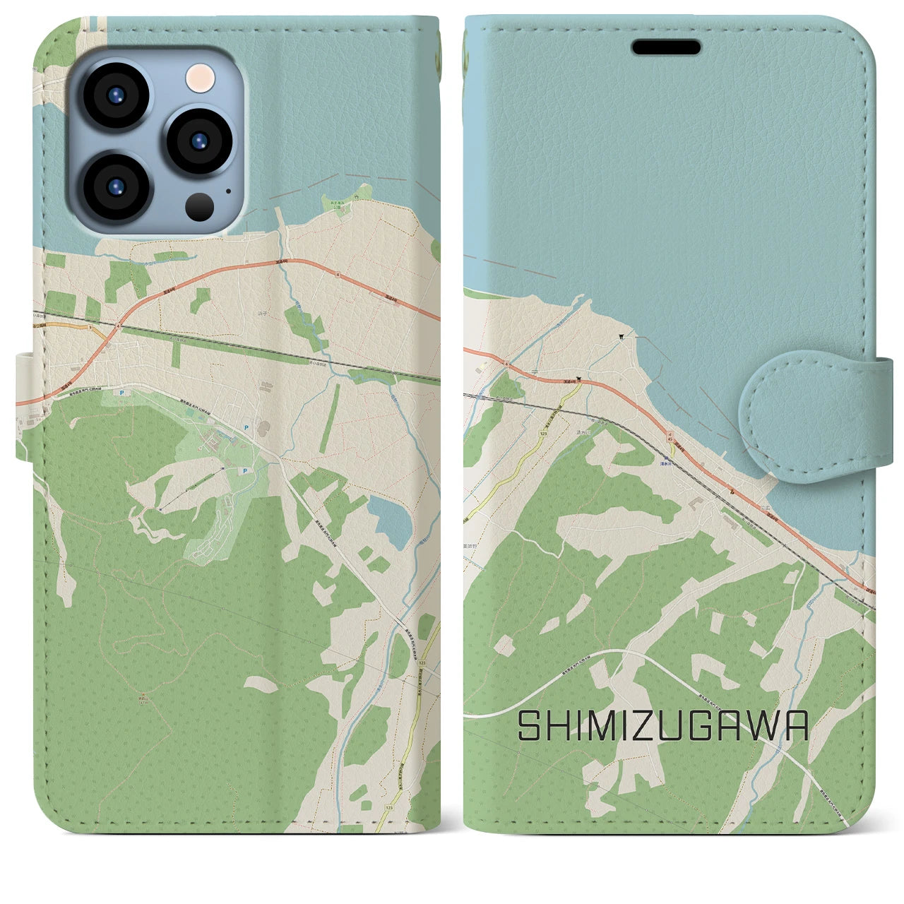 【清水川(青森県)】地図柄iPhoneケース(手帳タイプ)ナチュラル・iPhone 13 Pro Max 用