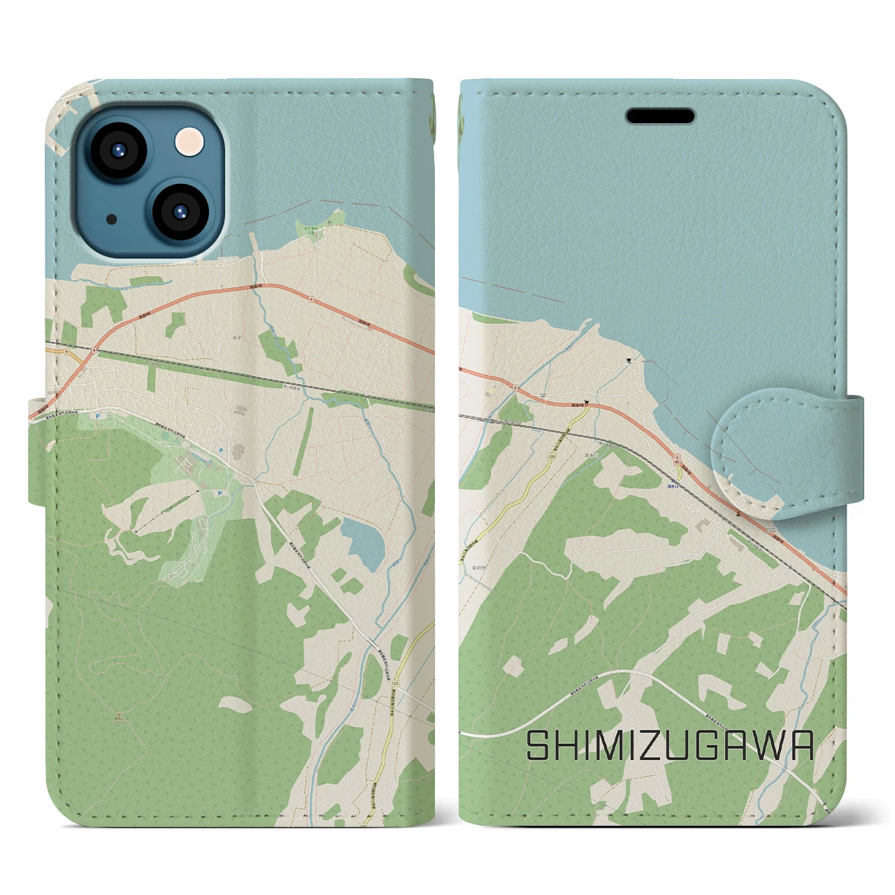 【清水川(青森県)】地図柄iPhoneケース(手帳タイプ)ナチュラル・iPhone 13 用