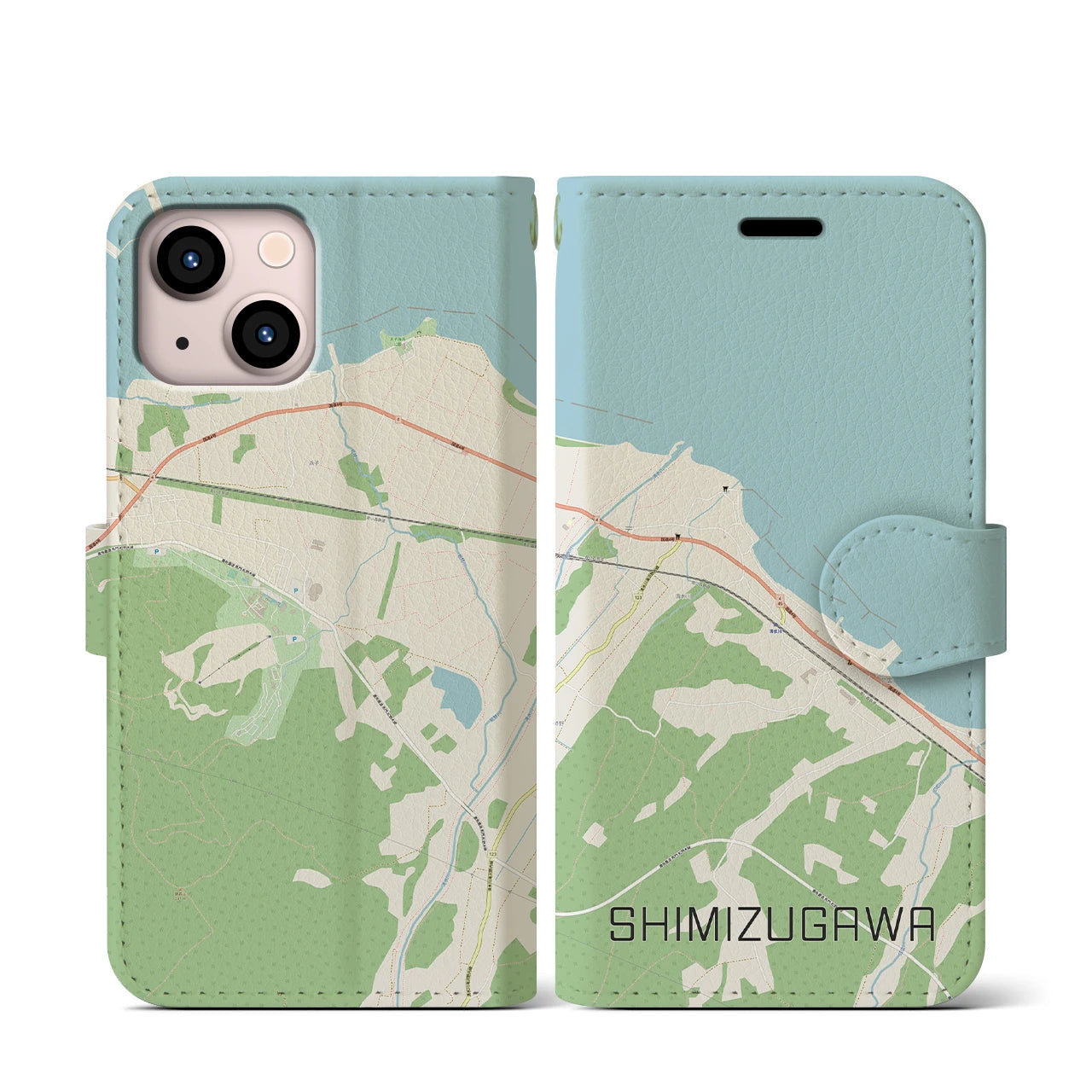 【清水川(青森県)】地図柄iPhoneケース(手帳タイプ)ナチュラル・iPhone 13 mini 用