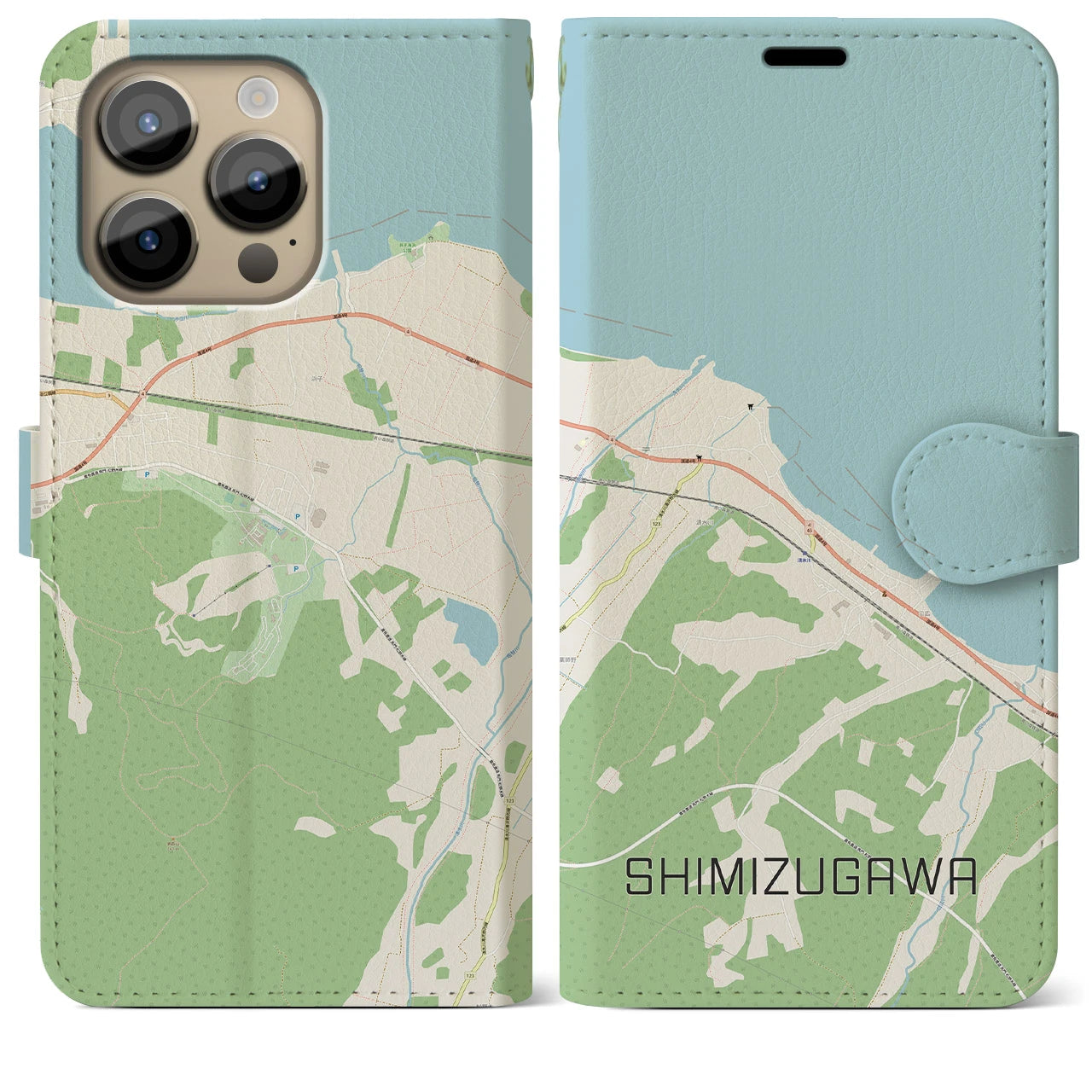 【清水川(青森県)】地図柄iPhoneケース(手帳タイプ)ナチュラル・iPhone 14 Pro Max 用