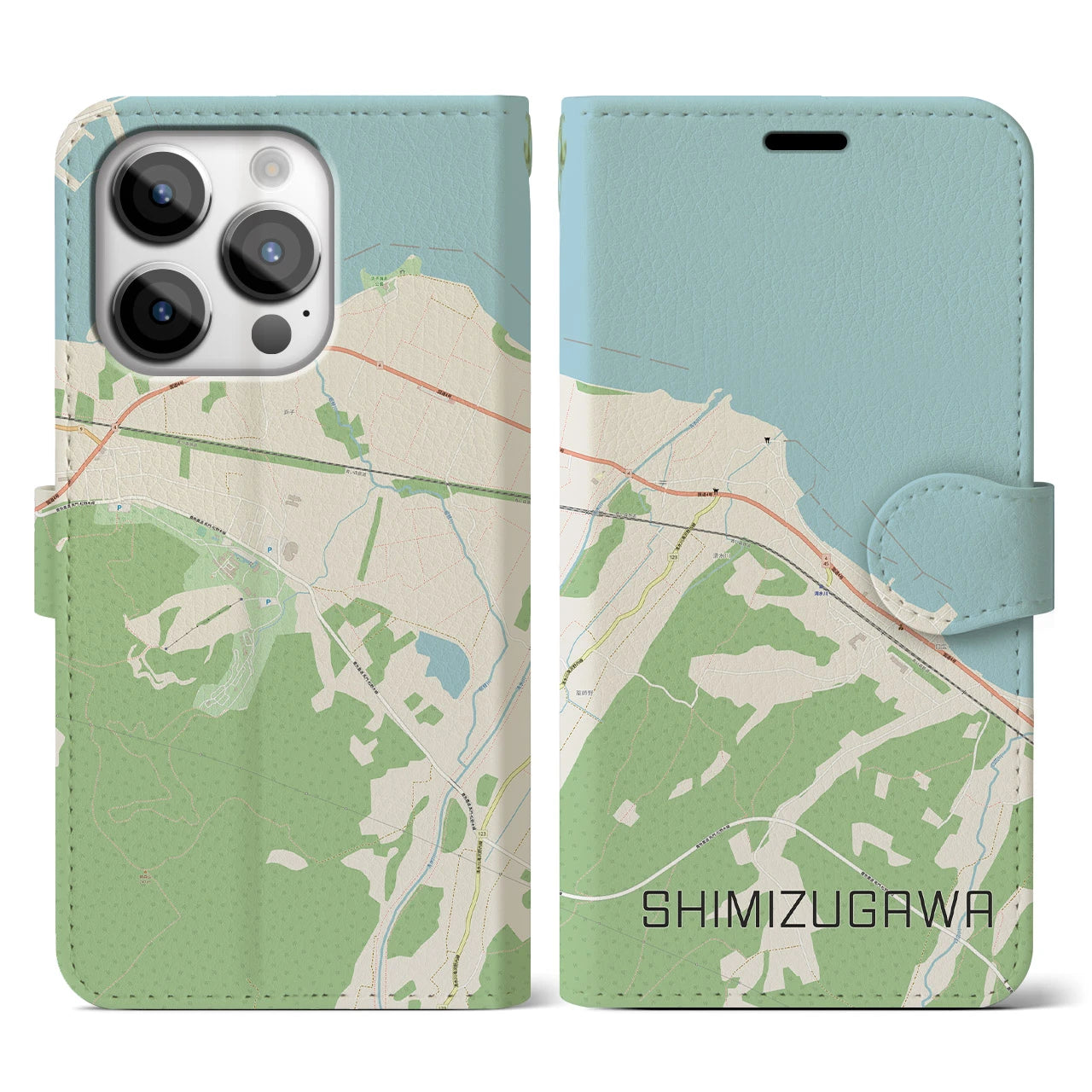 【清水川(青森県)】地図柄iPhoneケース(手帳タイプ)ナチュラル・iPhone 14 Pro 用