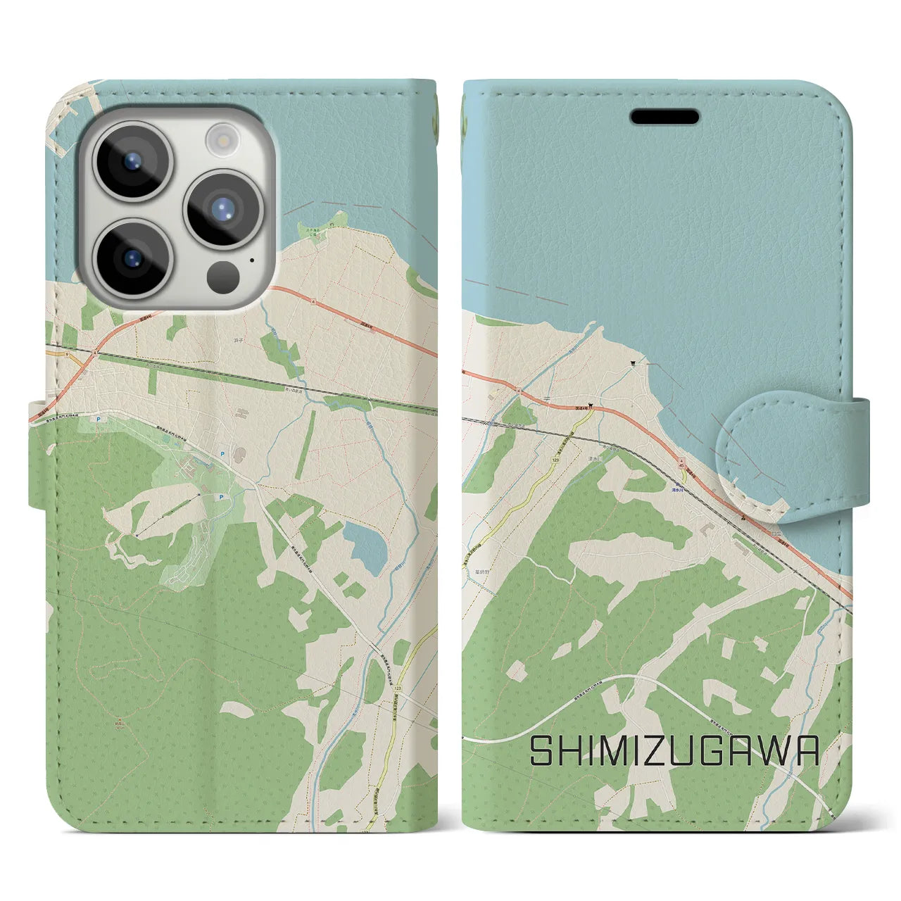 【清水川(青森県)】地図柄iPhoneケース(手帳タイプ)ナチュラル・iPhone 15 Pro 用