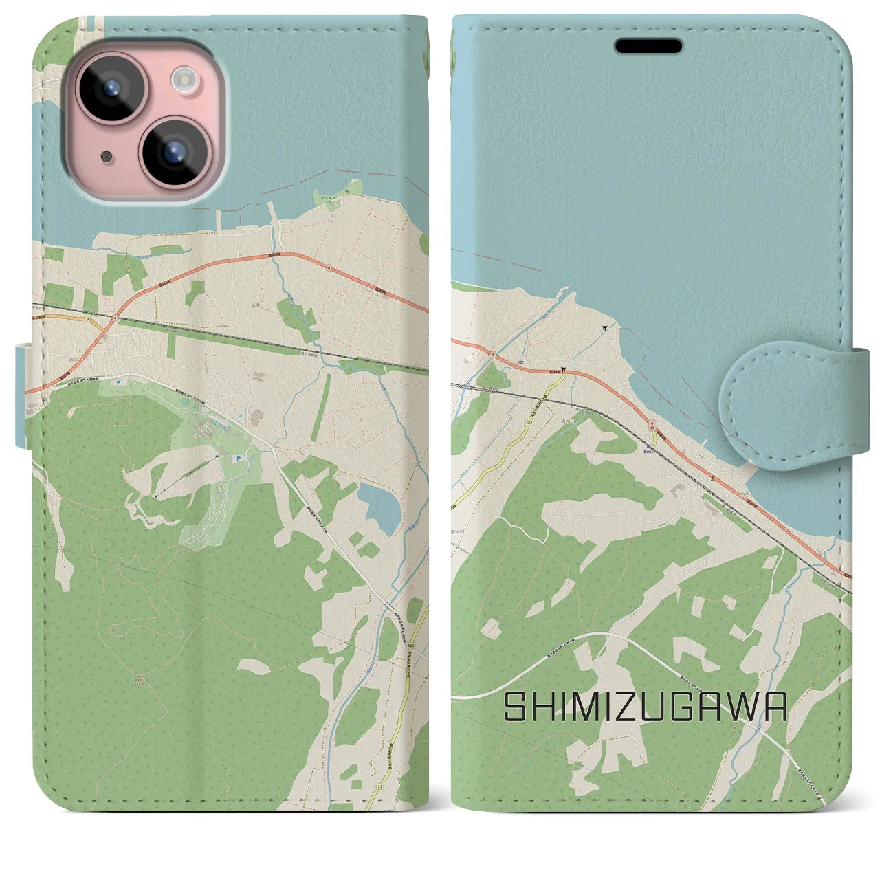 【清水川(青森県)】地図柄iPhoneケース(手帳タイプ)ナチュラル・iPhone 15 Plus 用