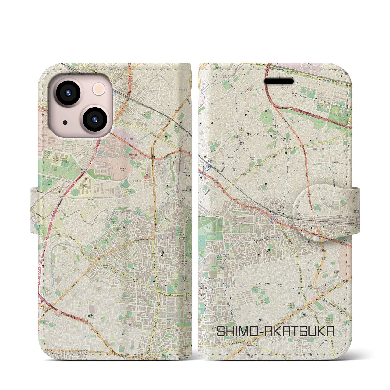 【下赤塚(東京都)】地図柄iPhoneケース(手帳タイプ)ナチュラル・iPhone 13 mini 用