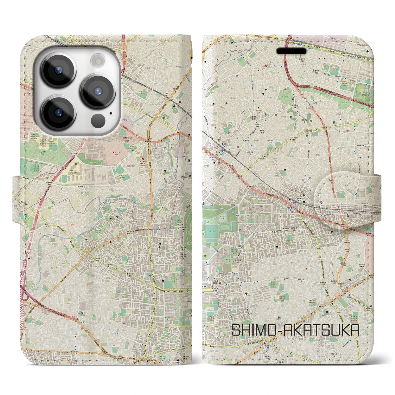 【下赤塚(東京都)】地図柄iPhoneケース(手帳タイプ)ナチュラル・iPhone 14 Pro 用