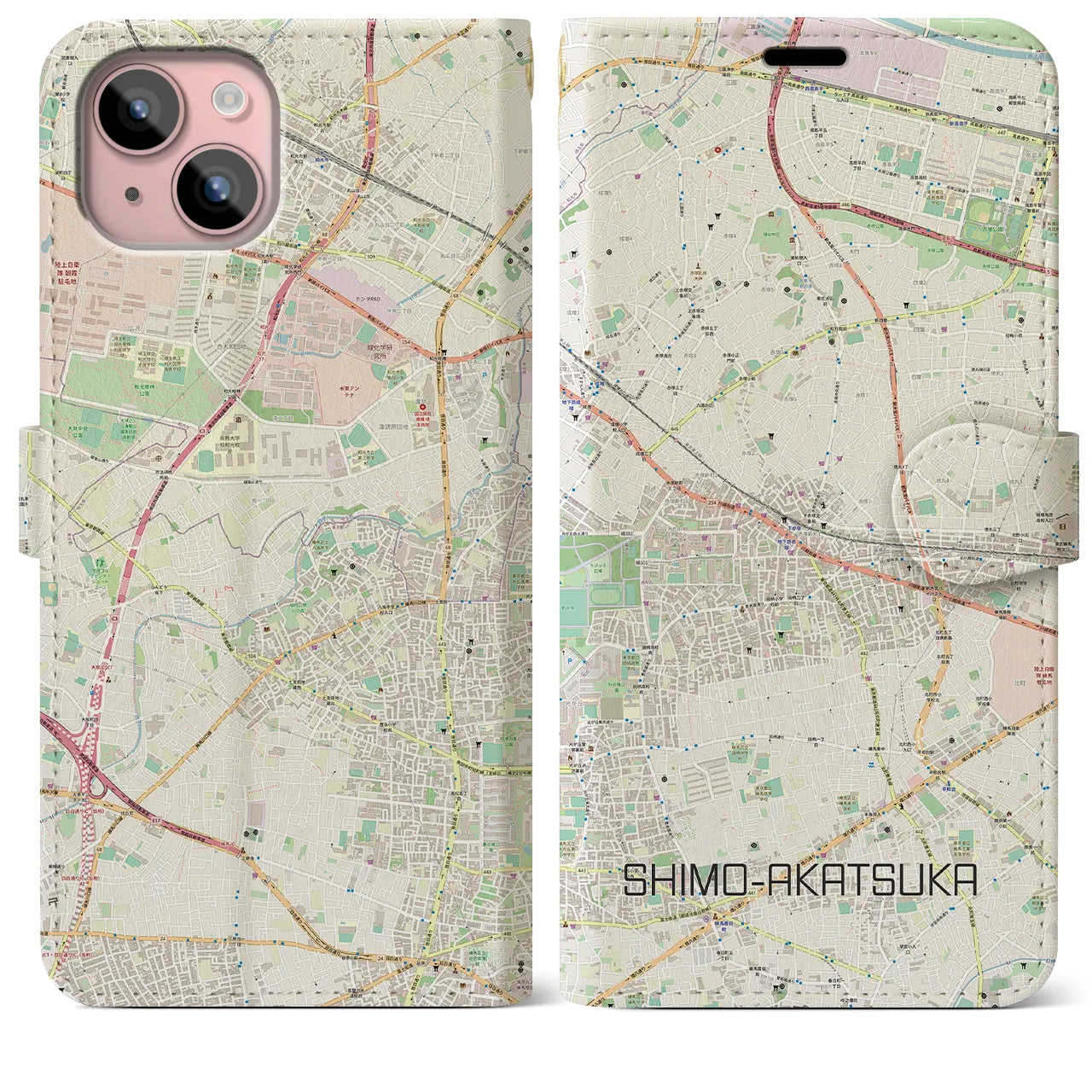 【下赤塚(東京都)】地図柄iPhoneケース(手帳タイプ)ナチュラル・iPhone 15 Plus 用