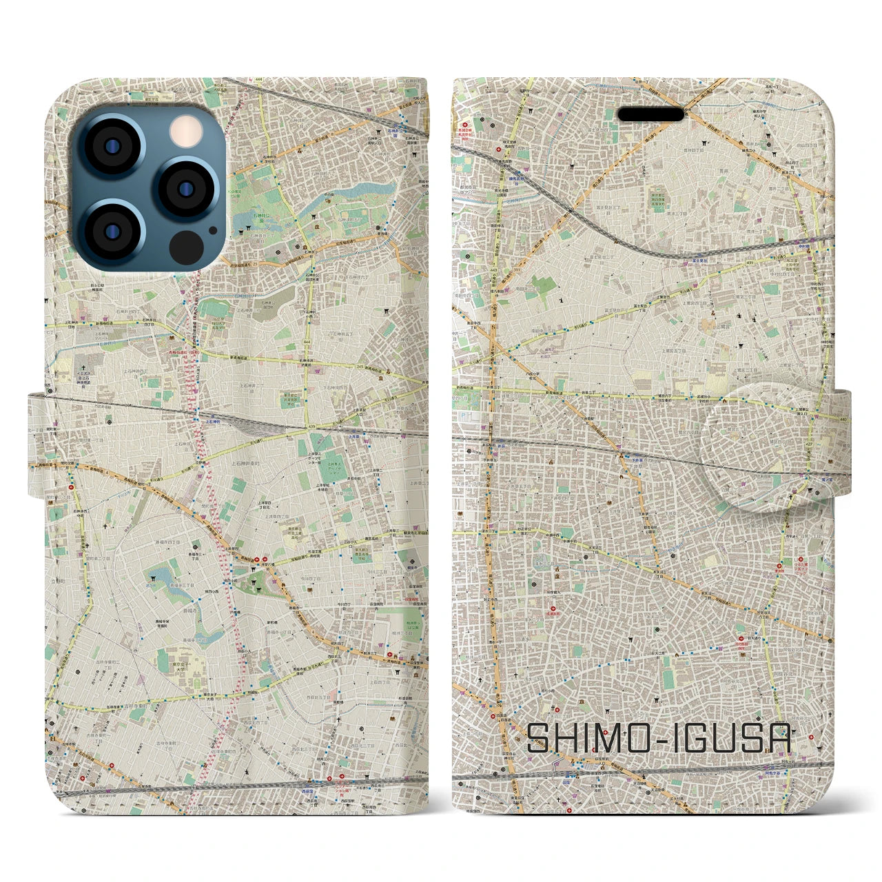 【下井草(東京都)】地図柄iPhoneケース(手帳タイプ)ナチュラル・iPhone 12 / 12 Pro 用