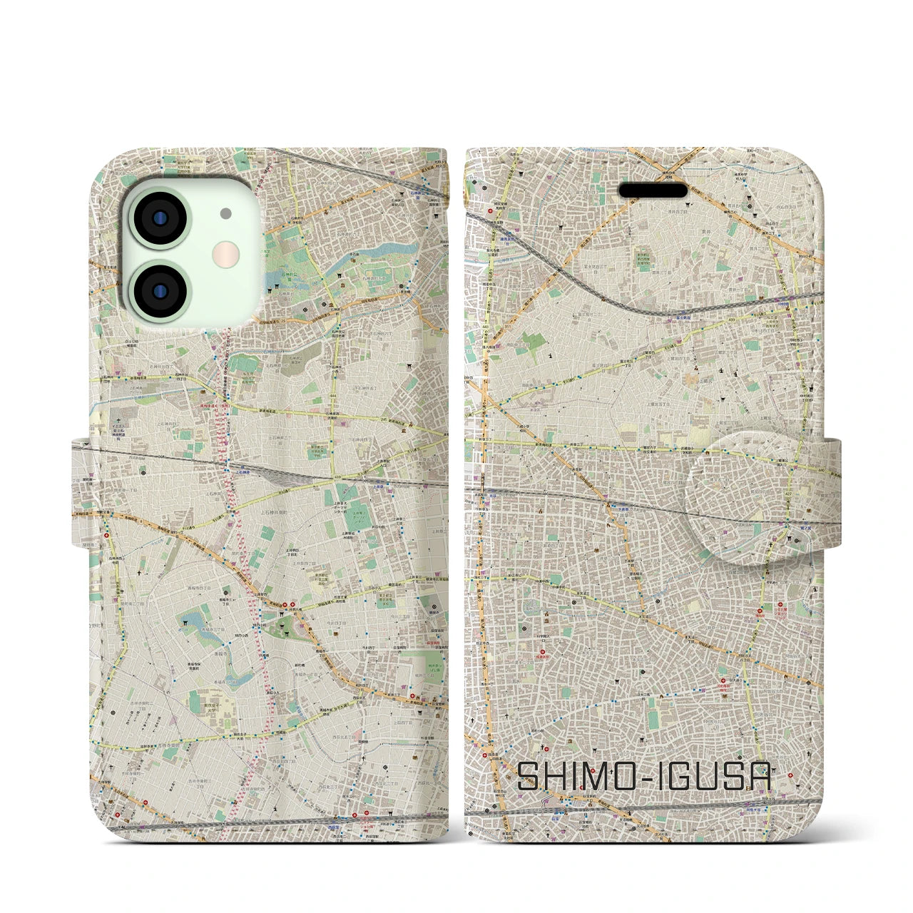 【下井草(東京都)】地図柄iPhoneケース(手帳タイプ)ナチュラル・iPhone 12 mini 用