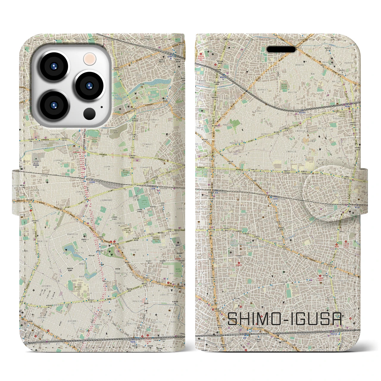 【下井草(東京都)】地図柄iPhoneケース(手帳タイプ)ナチュラル・iPhone 13 Pro 用