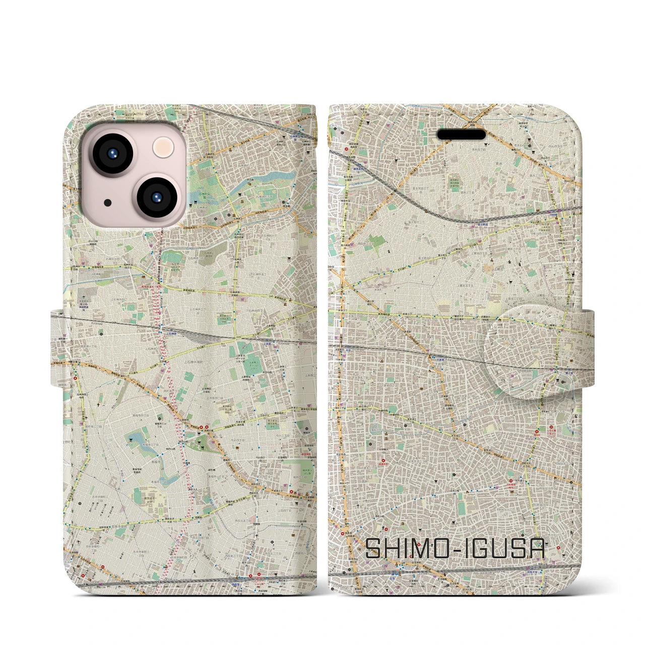 【下井草(東京都)】地図柄iPhoneケース(手帳タイプ)ナチュラル・iPhone 13 mini 用