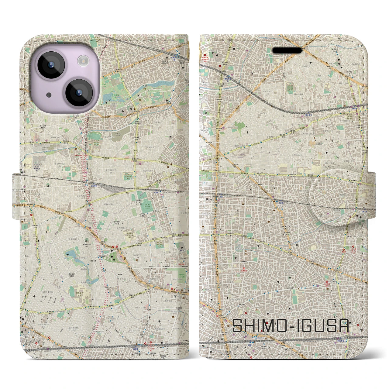 【下井草(東京都)】地図柄iPhoneケース(手帳タイプ)ナチュラル・iPhone 14 用