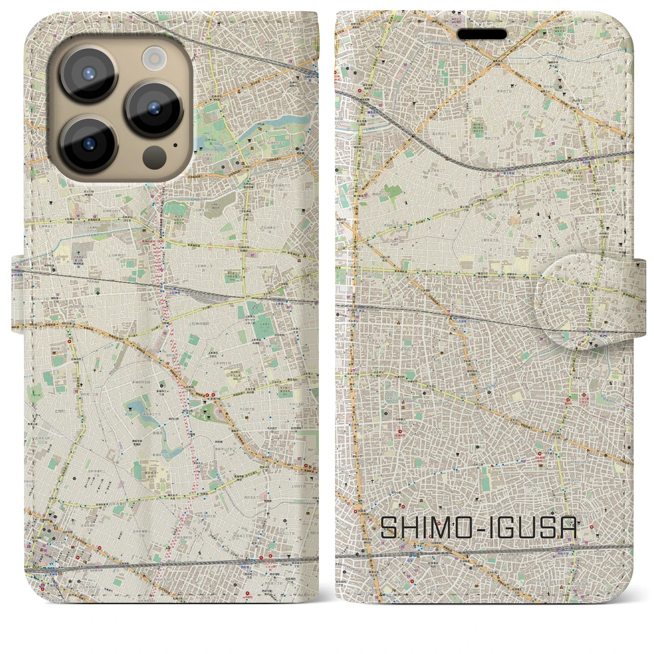 【下井草(東京都)】地図柄iPhoneケース(手帳タイプ)ナチュラル・iPhone 14 Pro Max 用