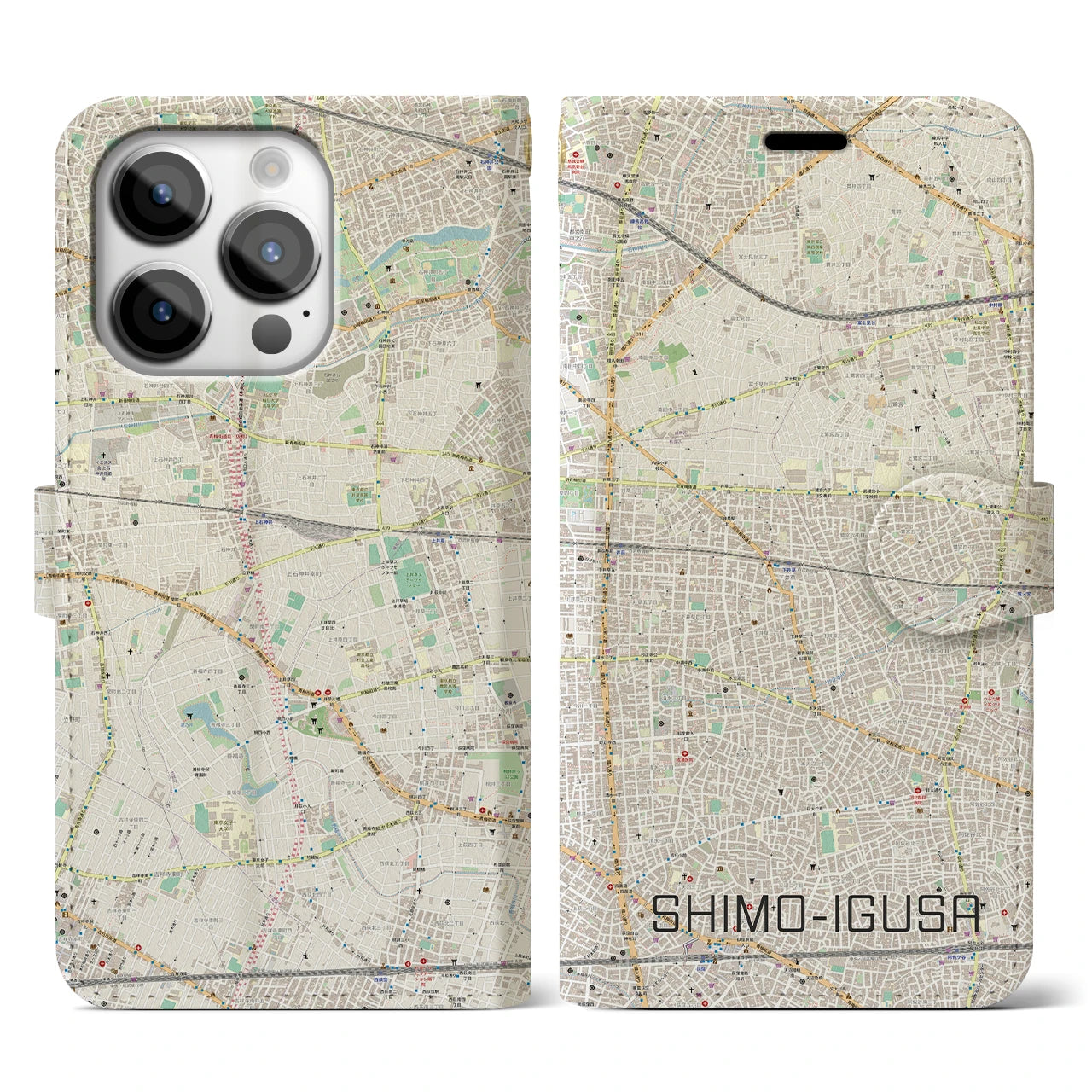 【下井草(東京都)】地図柄iPhoneケース(手帳タイプ)ナチュラル・iPhone 14 Pro 用