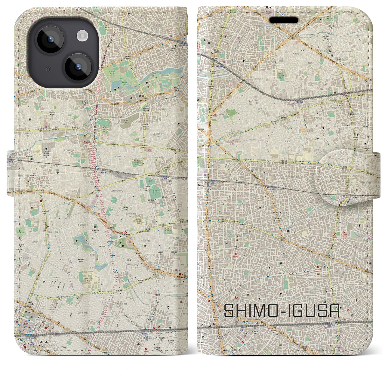 【下井草(東京都)】地図柄iPhoneケース(手帳タイプ)ナチュラル・iPhone 14 Plus 用
