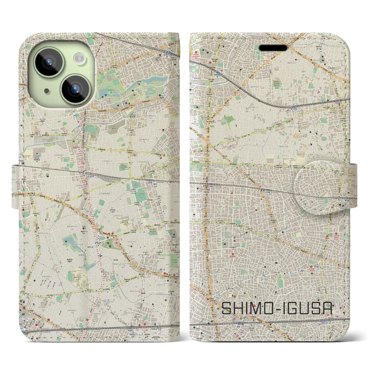 【下井草(東京都)】地図柄iPhoneケース(手帳タイプ)ナチュラル・iPhone 15 用