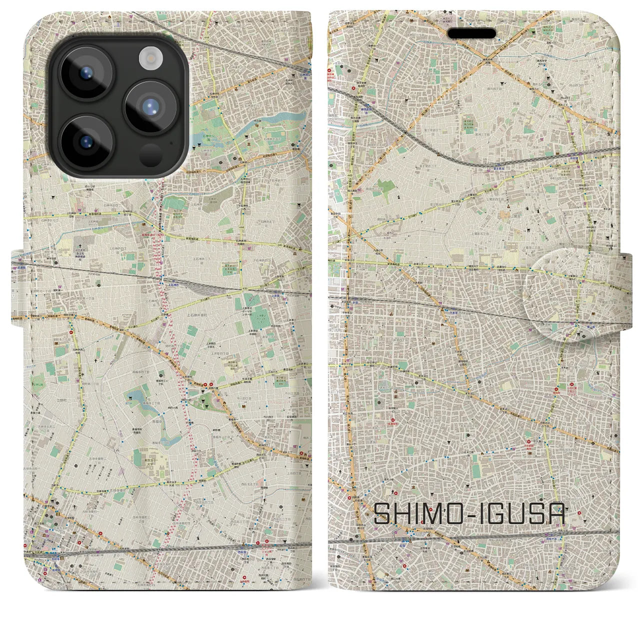 【下井草(東京都)】地図柄iPhoneケース(手帳タイプ)ナチュラル・iPhone 15 Pro Max 用