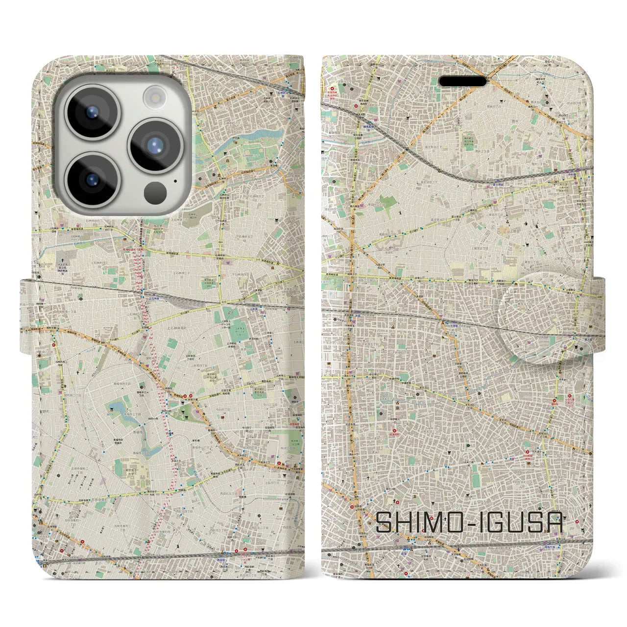 【下井草(東京都)】地図柄iPhoneケース(手帳タイプ)ナチュラル・iPhone 15 Pro 用