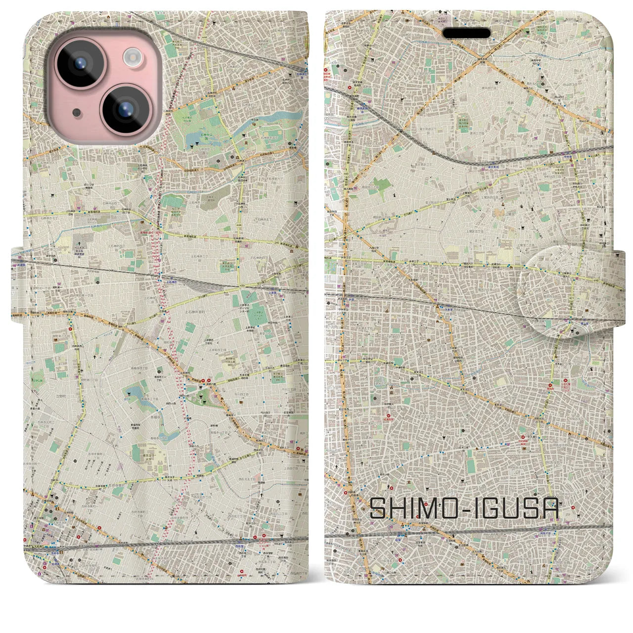 【下井草(東京都)】地図柄iPhoneケース(手帳タイプ)ナチュラル・iPhone 15 Plus 用