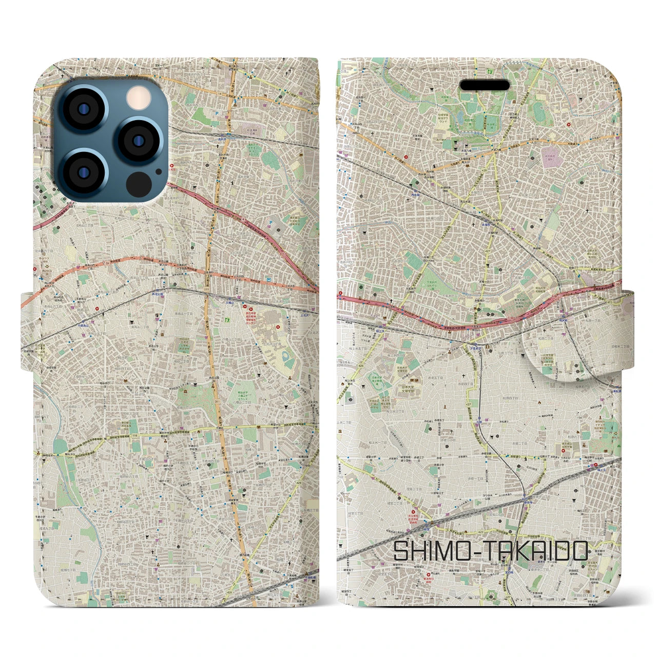 【下高井戸(東京都)】地図柄iPhoneケース(手帳タイプ)ナチュラル・iPhone 12 / 12 Pro 用