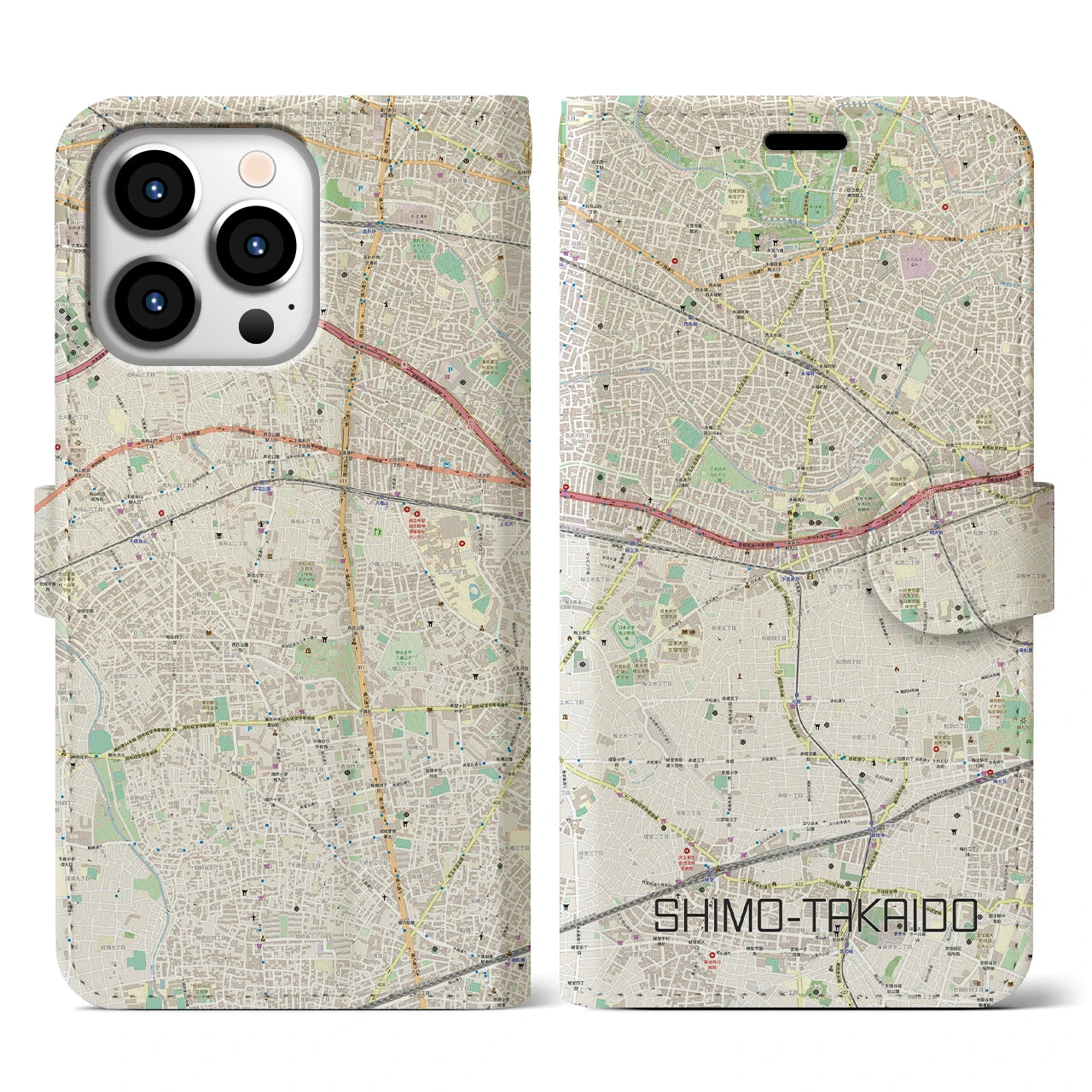 【下高井戸(東京都)】地図柄iPhoneケース(手帳タイプ)ナチュラル・iPhone 13 Pro 用