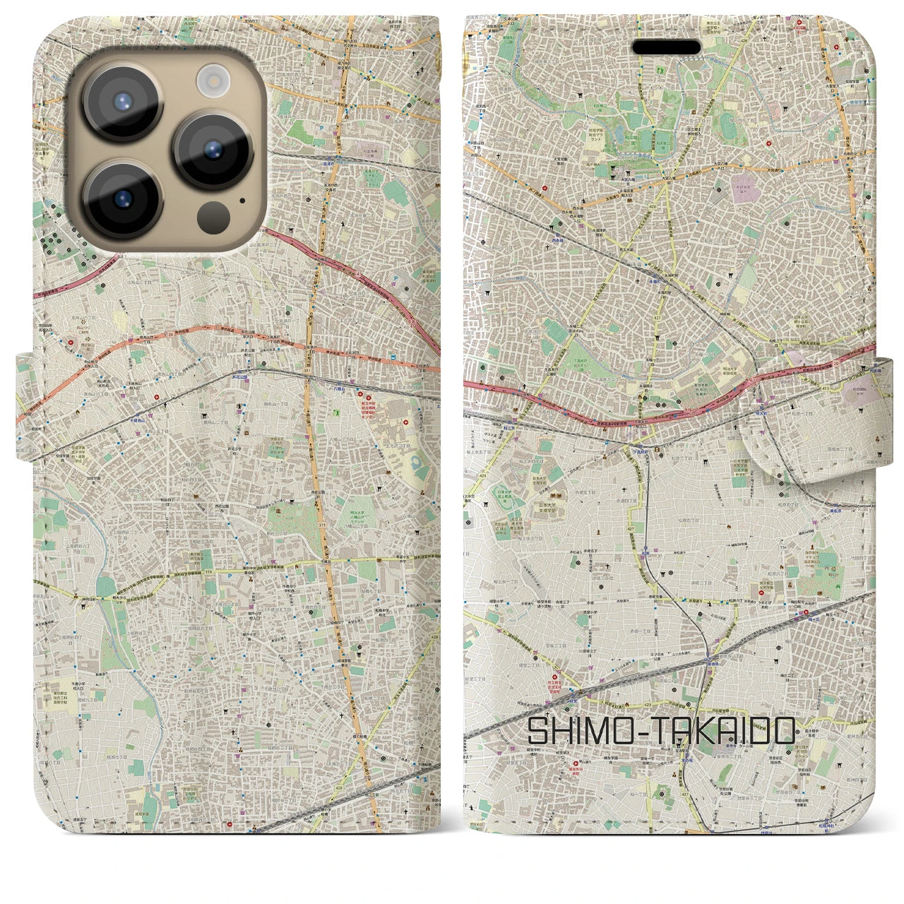 【下高井戸(東京都)】地図柄iPhoneケース(手帳タイプ)ナチュラル・iPhone 14 Pro Max 用