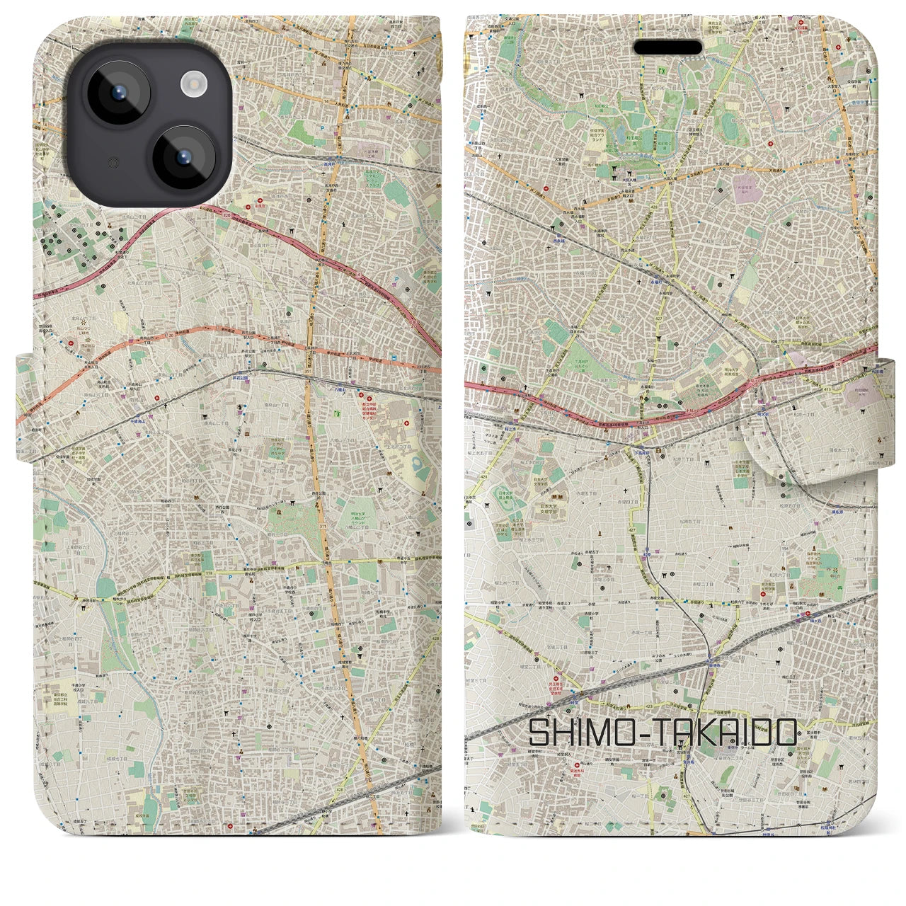 【下高井戸(東京都)】地図柄iPhoneケース(手帳タイプ)ナチュラル・iPhone 14 Plus 用