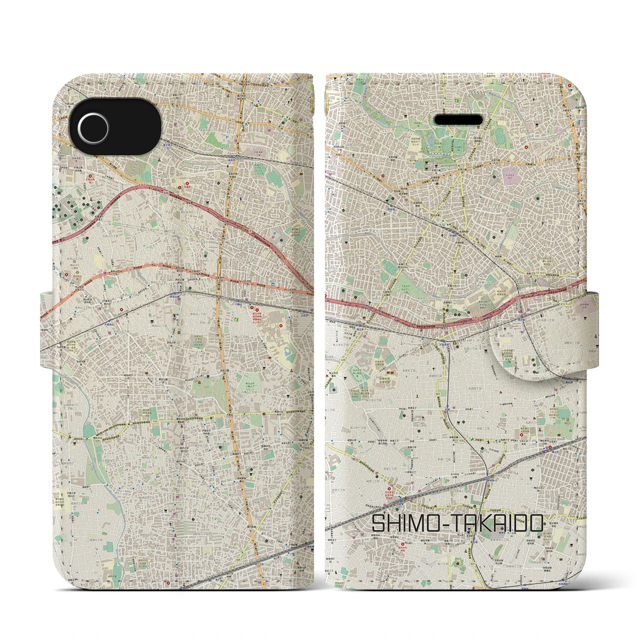 【下高井戸(東京都)】地図柄iPhoneケース(手帳タイプ)ナチュラル・iPhone SE(第3 / 第2世代) / 8 / 7 / 6s / 6 用