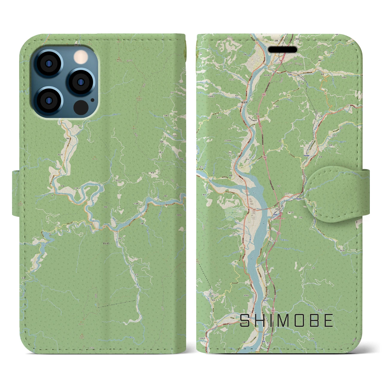 【下部(山梨県)】地図柄iPhoneケース(手帳タイプ)ナチュラル・iPhone 12 / 12 Pro 用