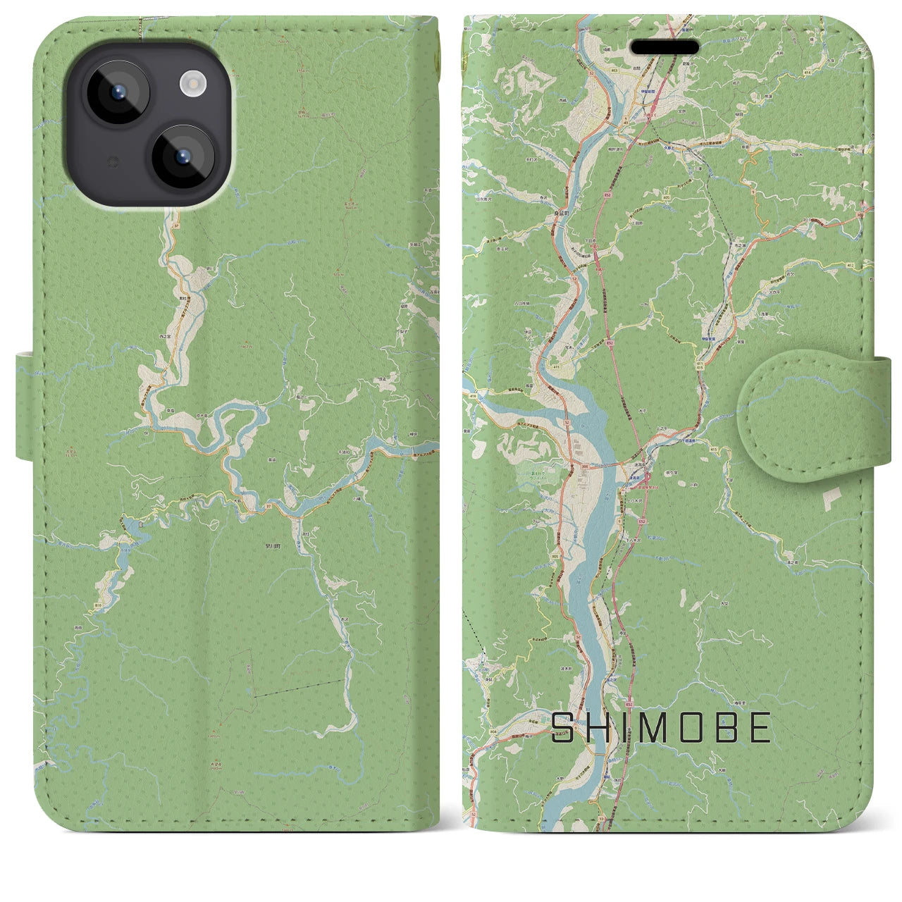 【下部(山梨県)】地図柄iPhoneケース(手帳タイプ)ナチュラル・iPhone 14 Plus 用