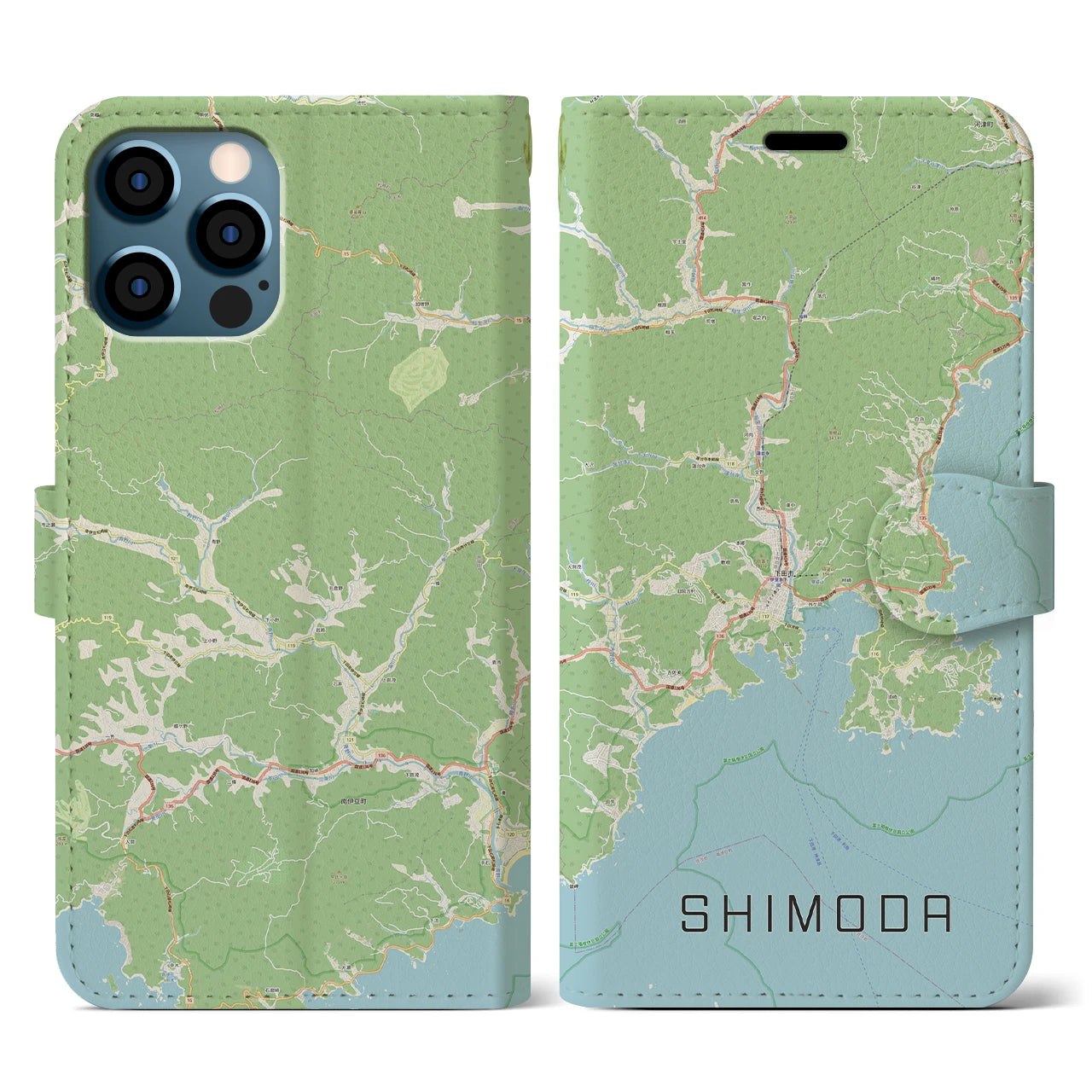 【下田(静岡県)】地図柄iPhoneケース(手帳タイプ)ナチュラル・iPhone 12 / 12 Pro 用