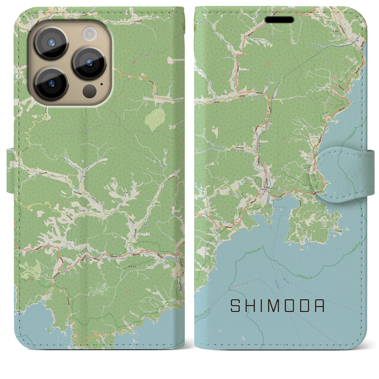 【下田(静岡県)】地図柄iPhoneケース(手帳タイプ)ナチュラル・iPhone 14 Pro Max 用