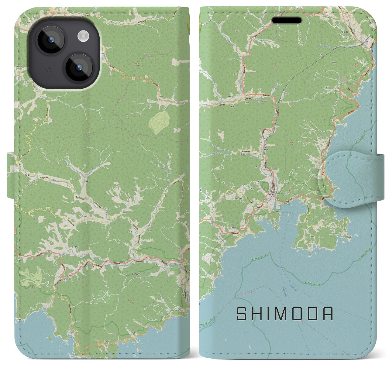 【下田(静岡県)】地図柄iPhoneケース(手帳タイプ)ナチュラル・iPhone 14 Plus 用
