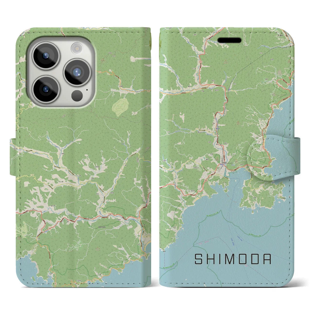 【下田(静岡県)】地図柄iPhoneケース(手帳タイプ)ナチュラル・iPhone 15 Pro 用