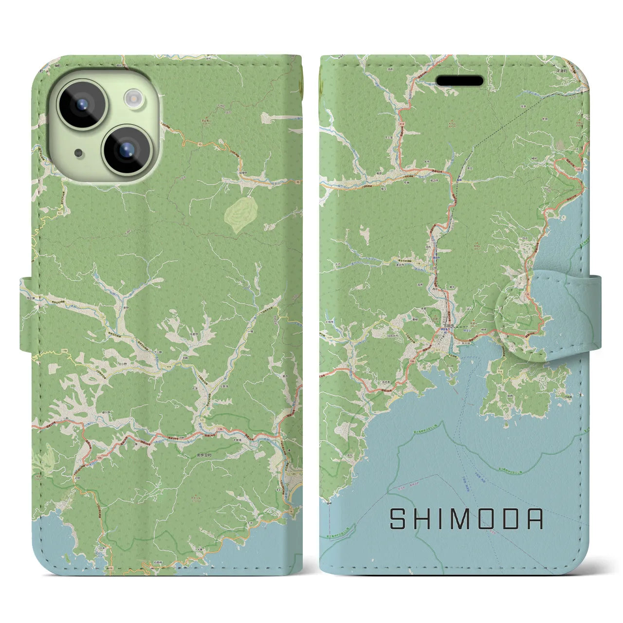 【下田(静岡県)】地図柄iPhoneケース(手帳タイプ)ナチュラル・iPhone 15 用