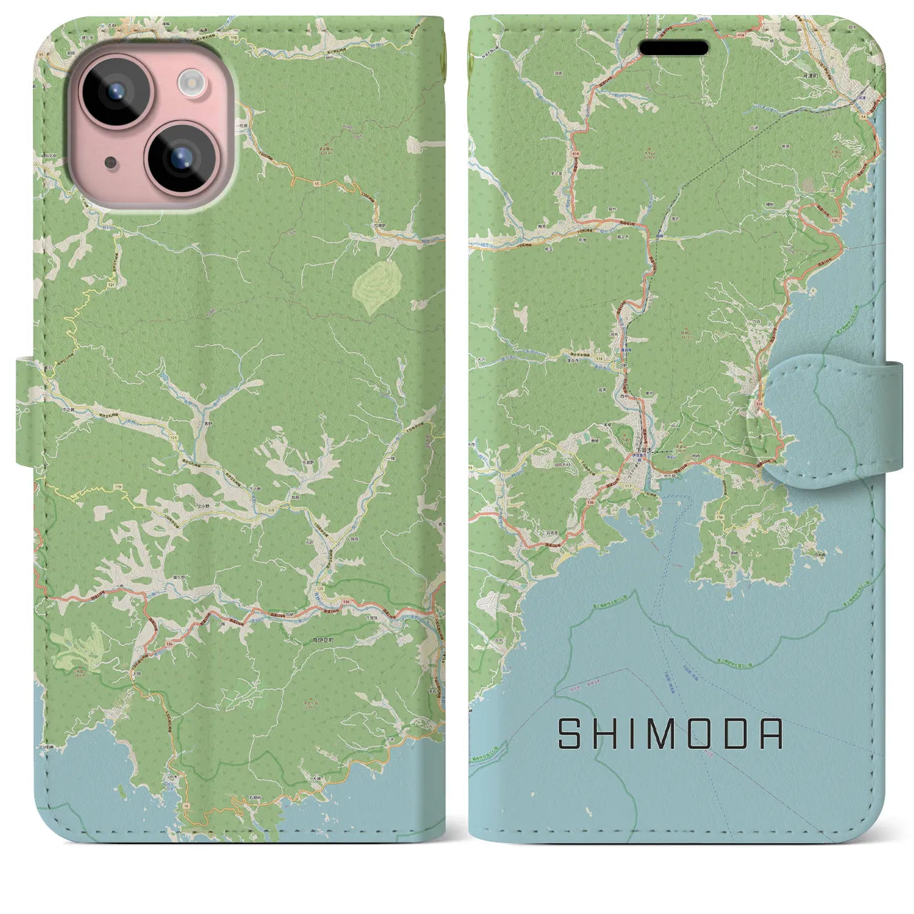 【下田(静岡県)】地図柄iPhoneケース(手帳タイプ)ナチュラル・iPhone 15 Plus 用