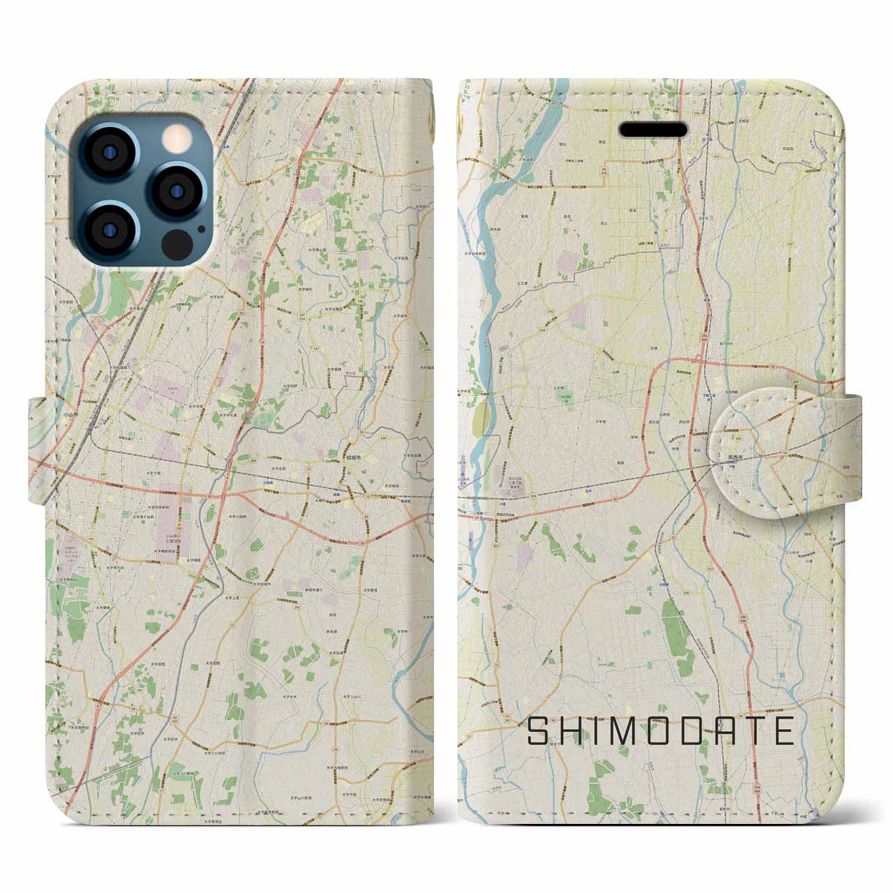 【下館(茨城県)】地図柄iPhoneケース(手帳タイプ)ナチュラル・iPhone 12 / 12 Pro 用