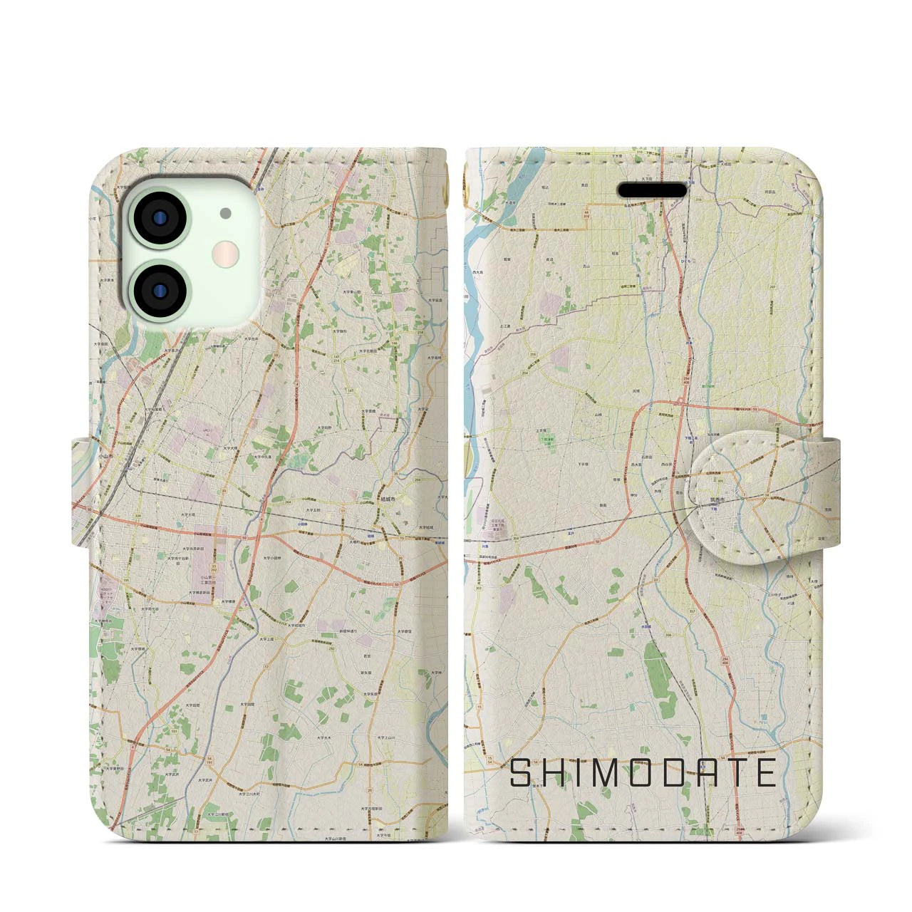 【下館(茨城県)】地図柄iPhoneケース(手帳タイプ)ナチュラル・iPhone 12 mini 用