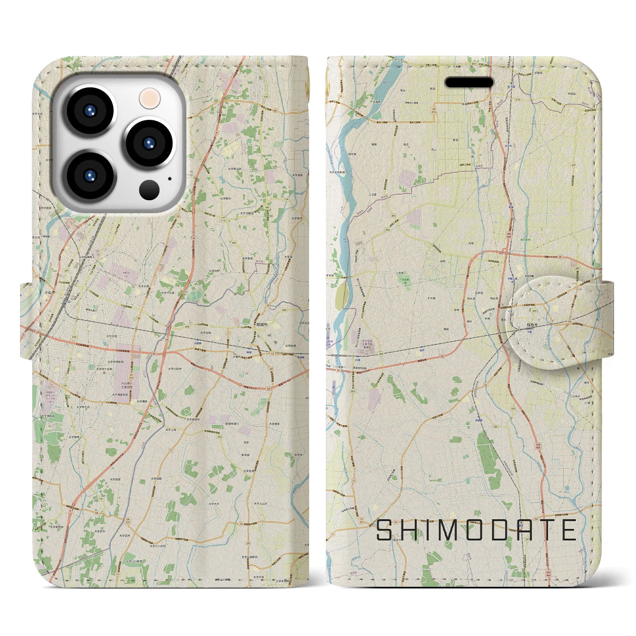 【下館(茨城県)】地図柄iPhoneケース(手帳タイプ)ナチュラル・iPhone 13 Pro 用