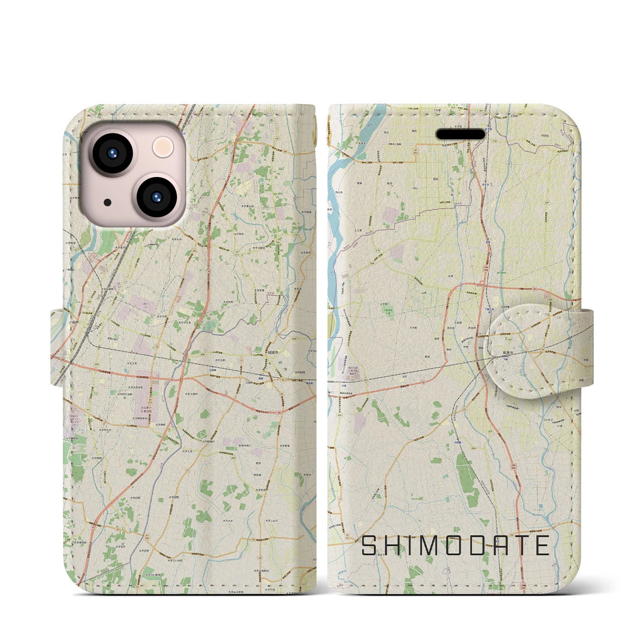 【下館(茨城県)】地図柄iPhoneケース(手帳タイプ)ナチュラル・iPhone 13 mini 用