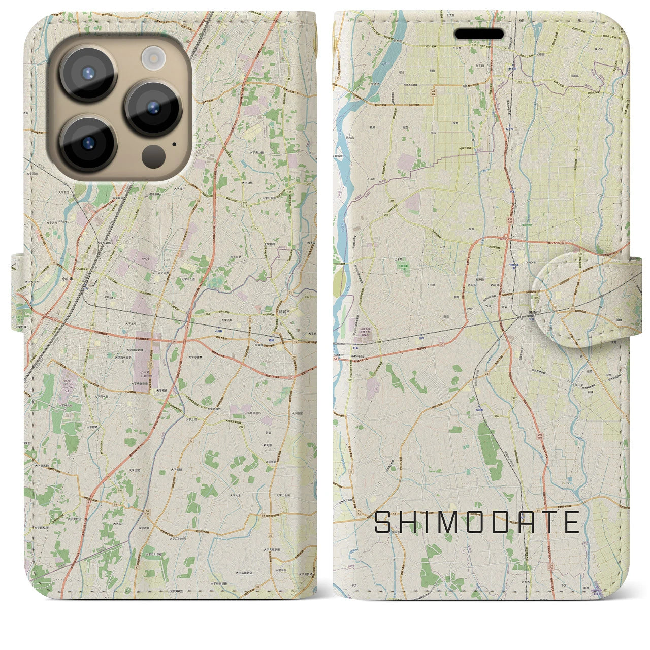 【下館(茨城県)】地図柄iPhoneケース(手帳タイプ)ナチュラル・iPhone 14 Pro Max 用