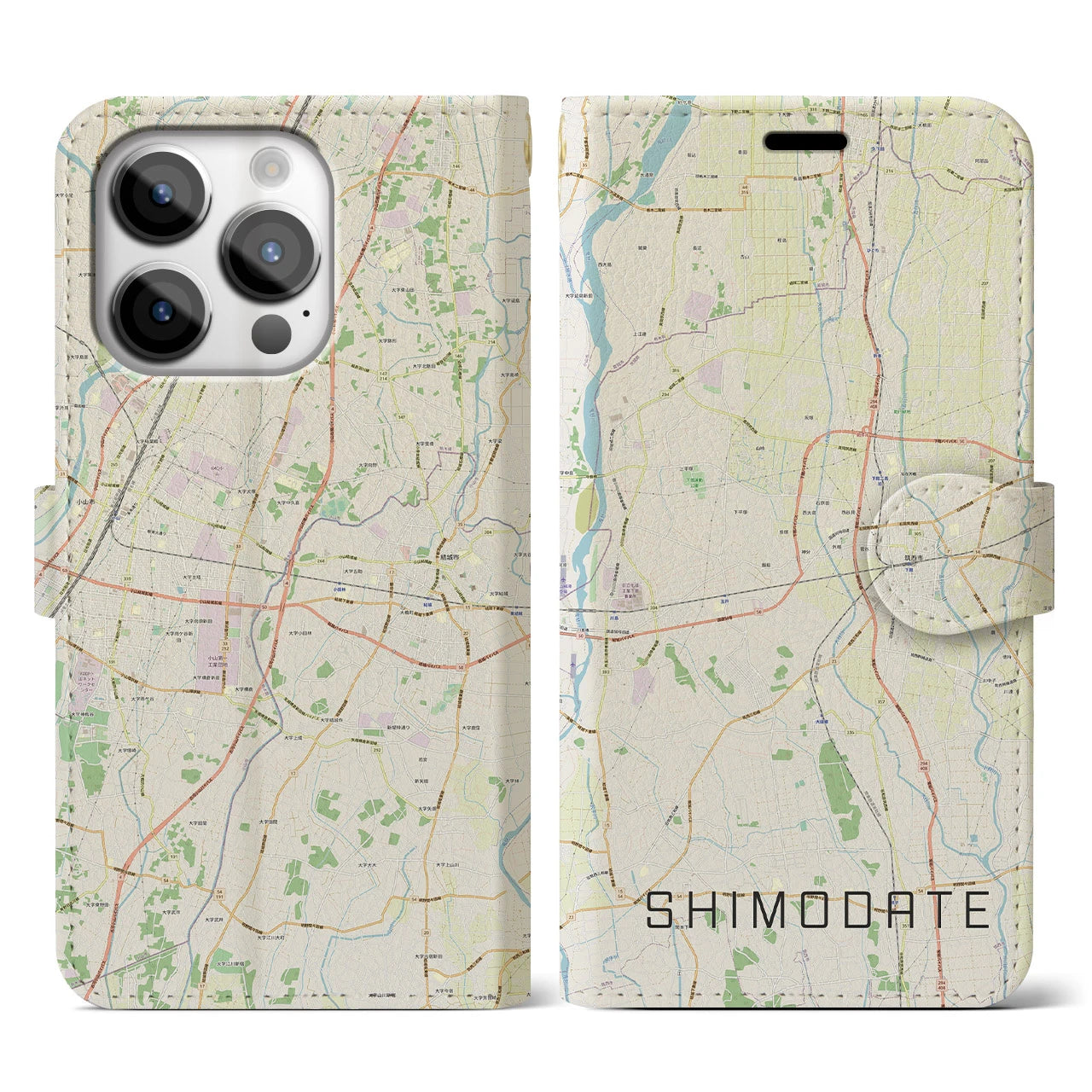 【下館(茨城県)】地図柄iPhoneケース(手帳タイプ)ナチュラル・iPhone 14 Pro 用