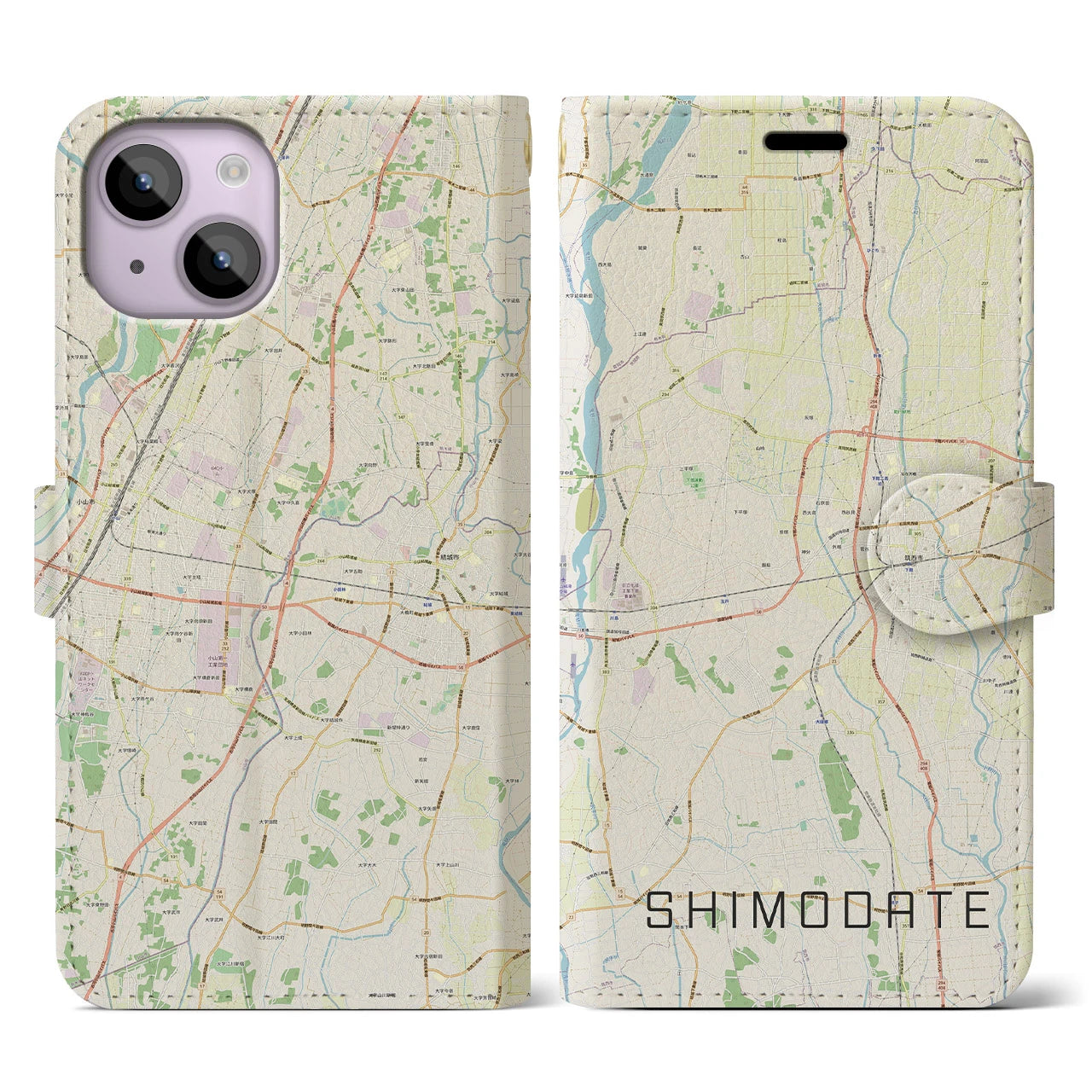 【下館(茨城県)】地図柄iPhoneケース(手帳タイプ)ナチュラル・iPhone 14 用