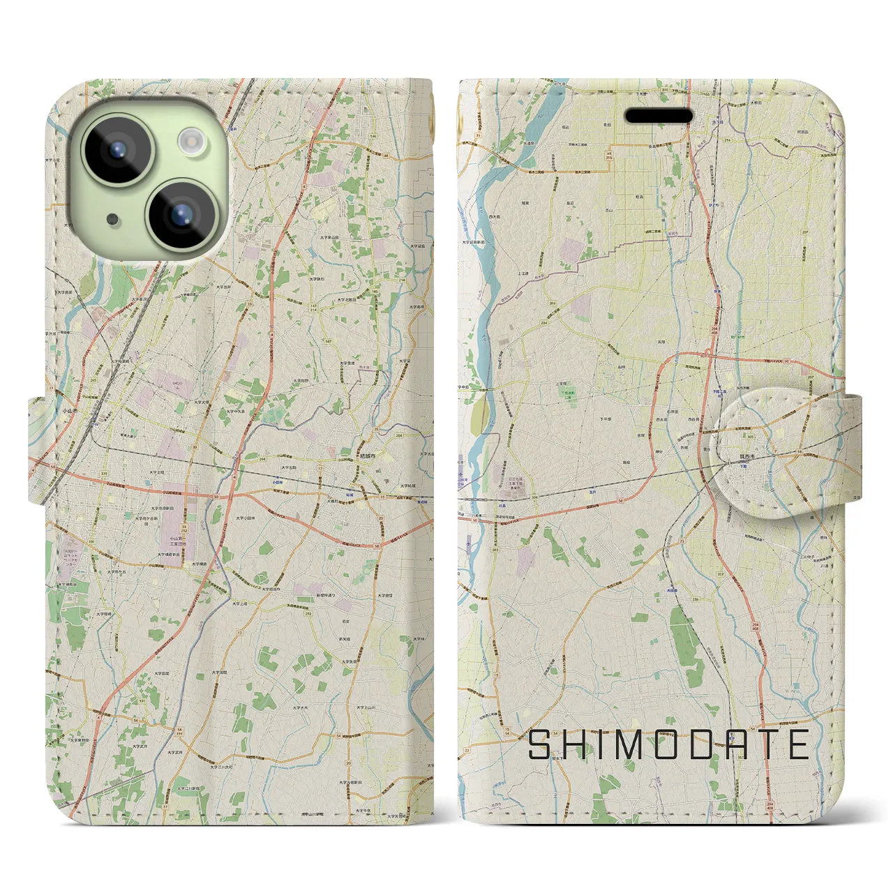 【下館(茨城県)】地図柄iPhoneケース(手帳タイプ)ナチュラル・iPhone 15 用