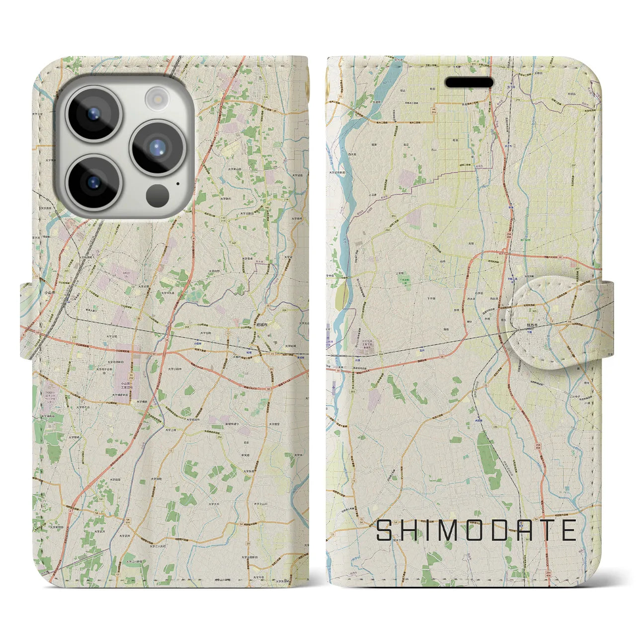 【下館(茨城県)】地図柄iPhoneケース(手帳タイプ)ナチュラル・iPhone 15 Pro 用