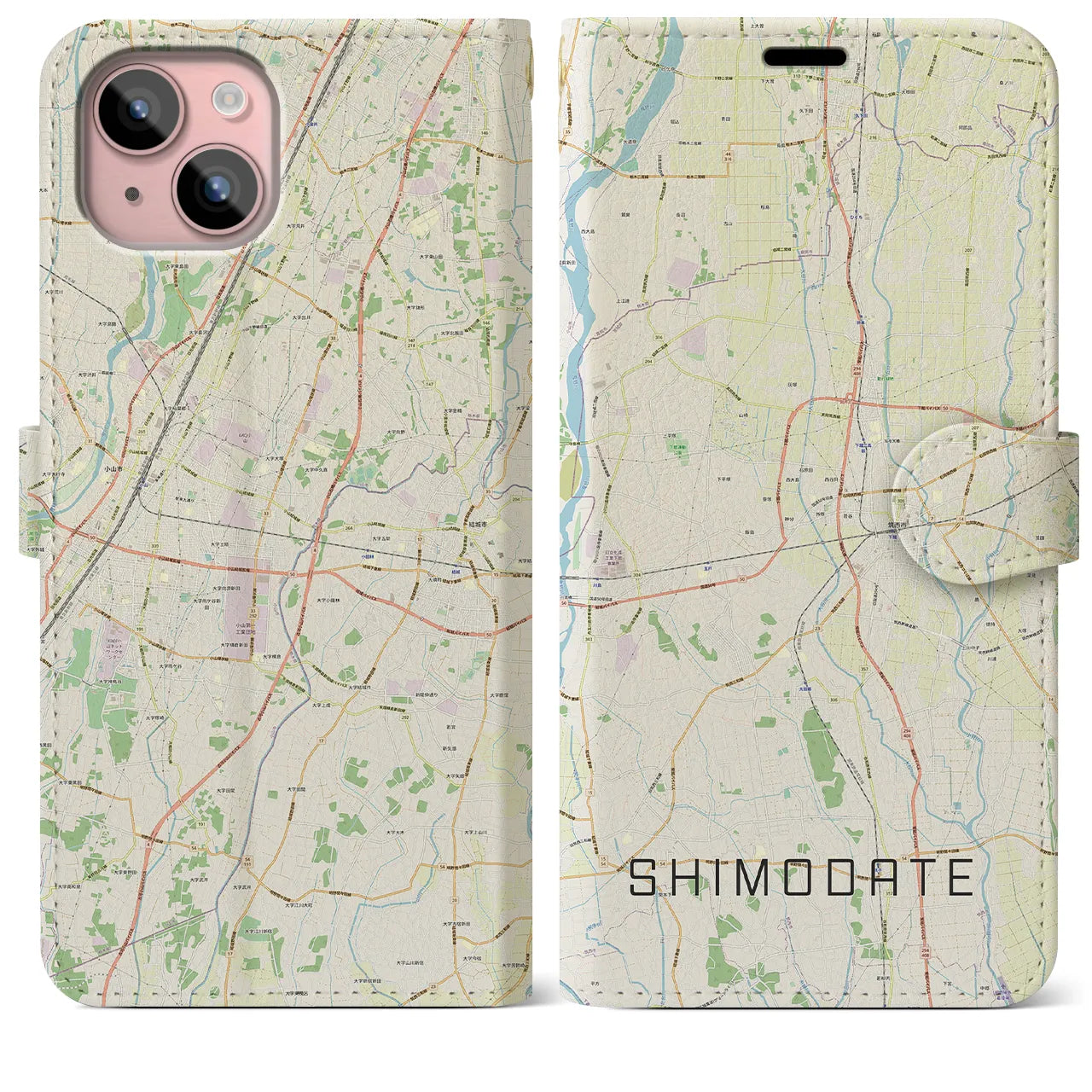 【下館(茨城県)】地図柄iPhoneケース(手帳タイプ)ナチュラル・iPhone 15 Plus 用