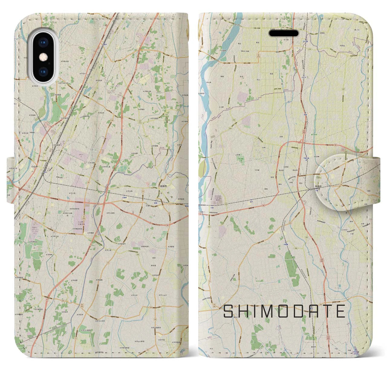 【下館(茨城県)】地図柄iPhoneケース(手帳タイプ)ナチュラル・iPhone XS Max 用