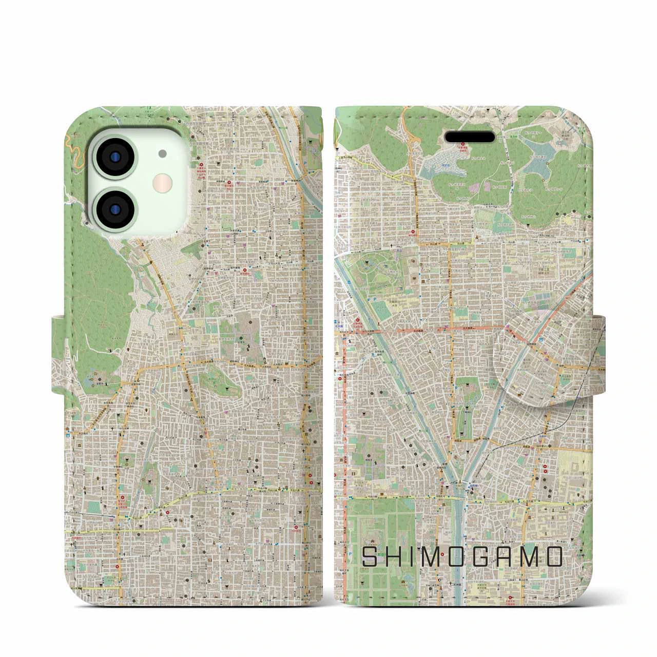 【下鴨(京都府)】地図柄iPhoneケース(手帳タイプ)ナチュラル・iPhone 12 mini 用