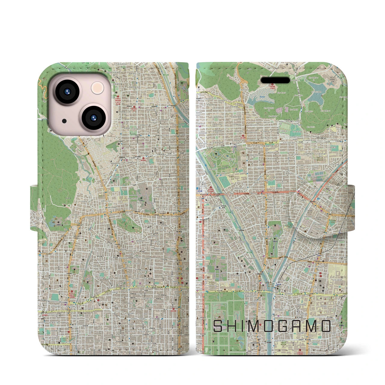 【下鴨(京都府)】地図柄iPhoneケース(手帳タイプ)ナチュラル・iPhone 13 mini 用