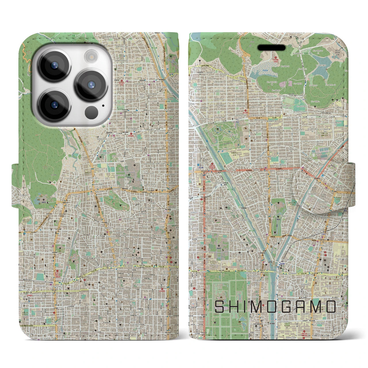 【下鴨(京都府)】地図柄iPhoneケース(手帳タイプ)ナチュラル・iPhone 14 Pro 用