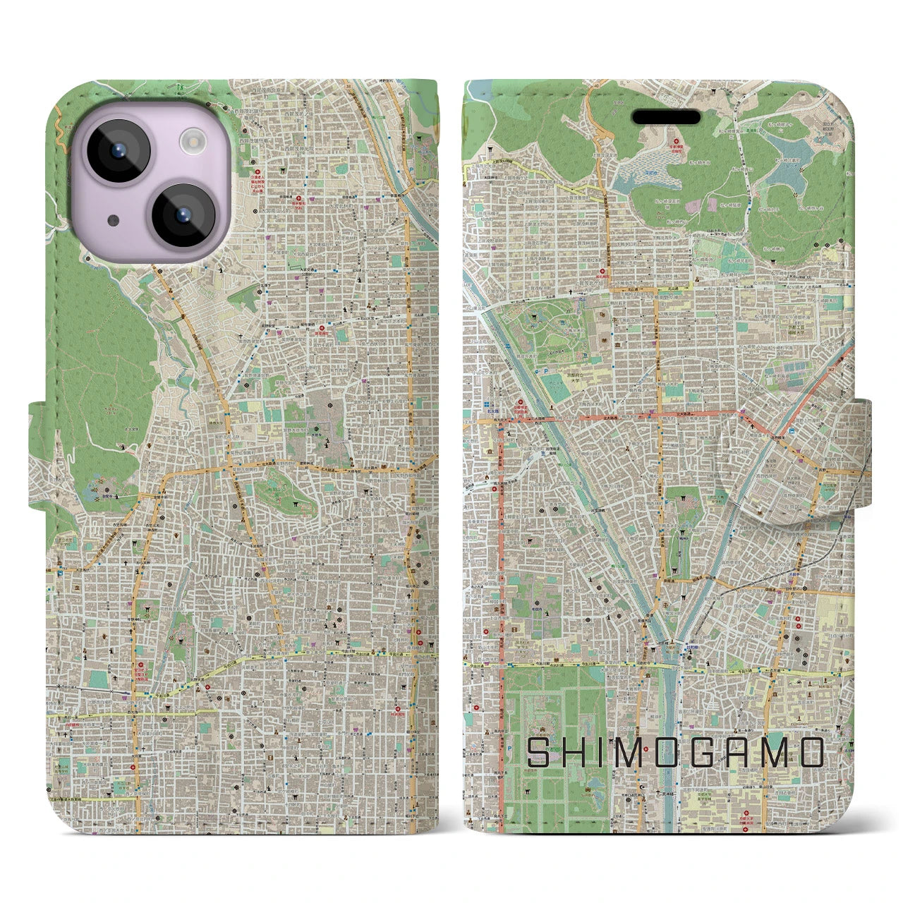 【下鴨(京都府)】地図柄iPhoneケース(手帳タイプ)ナチュラル・iPhone 14 用